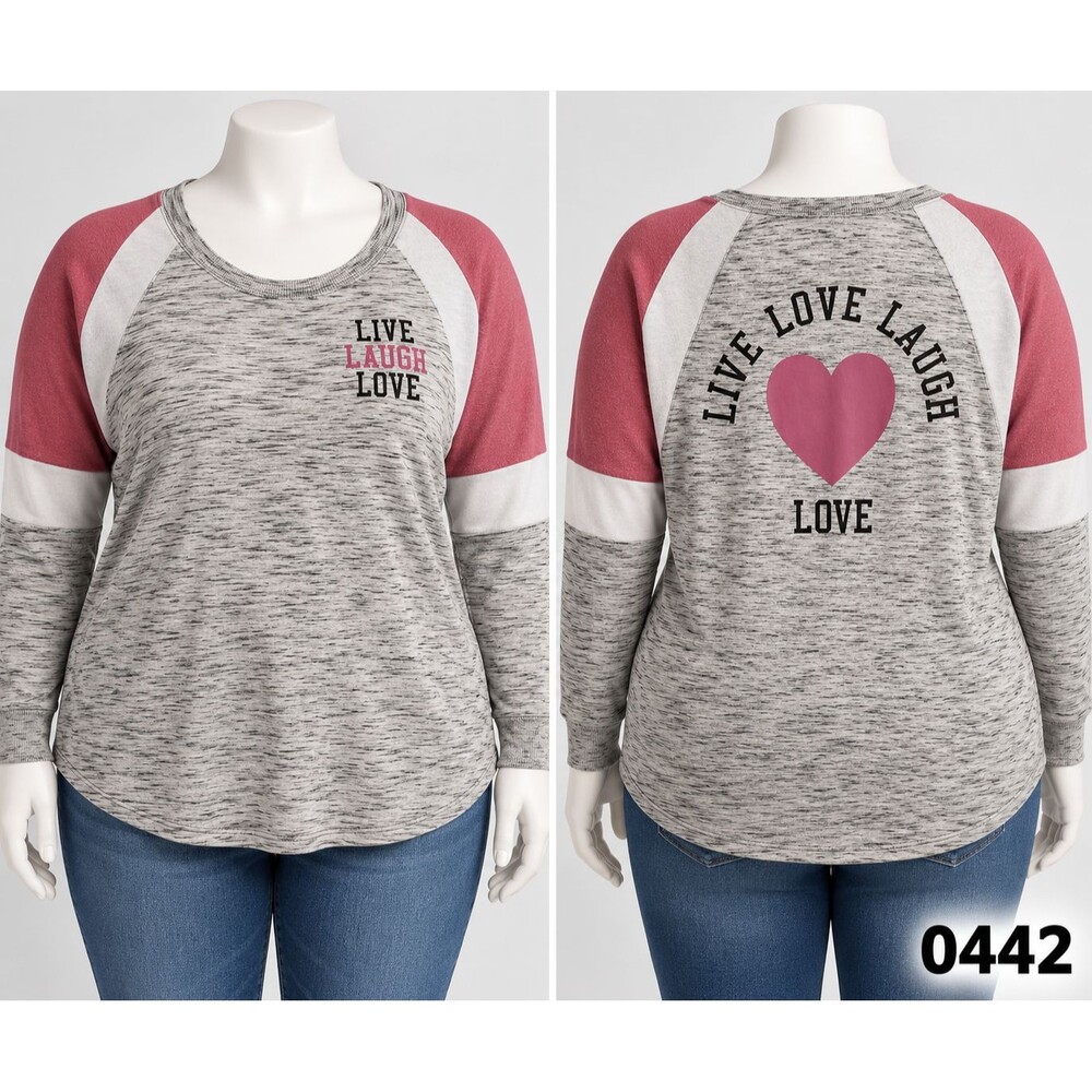 No Boundaries Live Laugh Love Raglan Shirt Gray Pink Colorblock XL 15-17- 0442